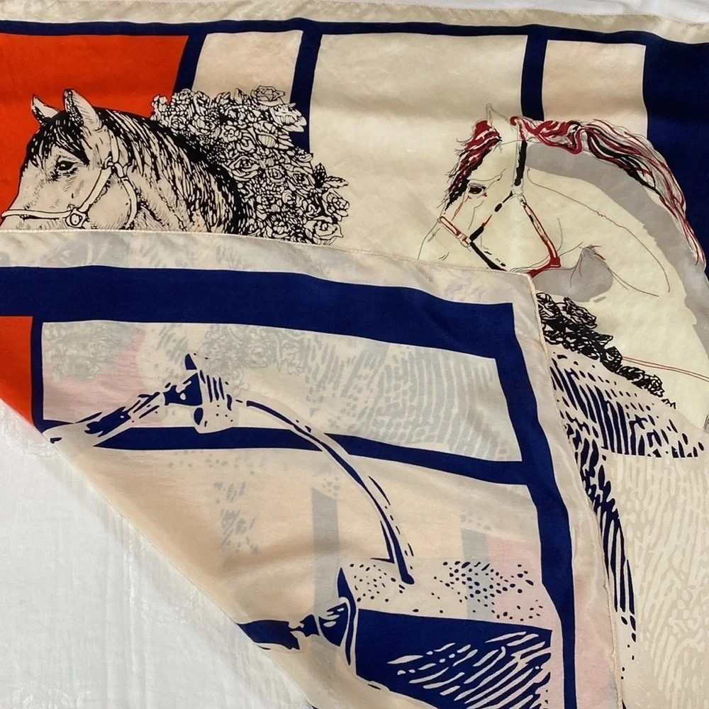 Equestrian Print Scarf Navy Blue Red Cream 33